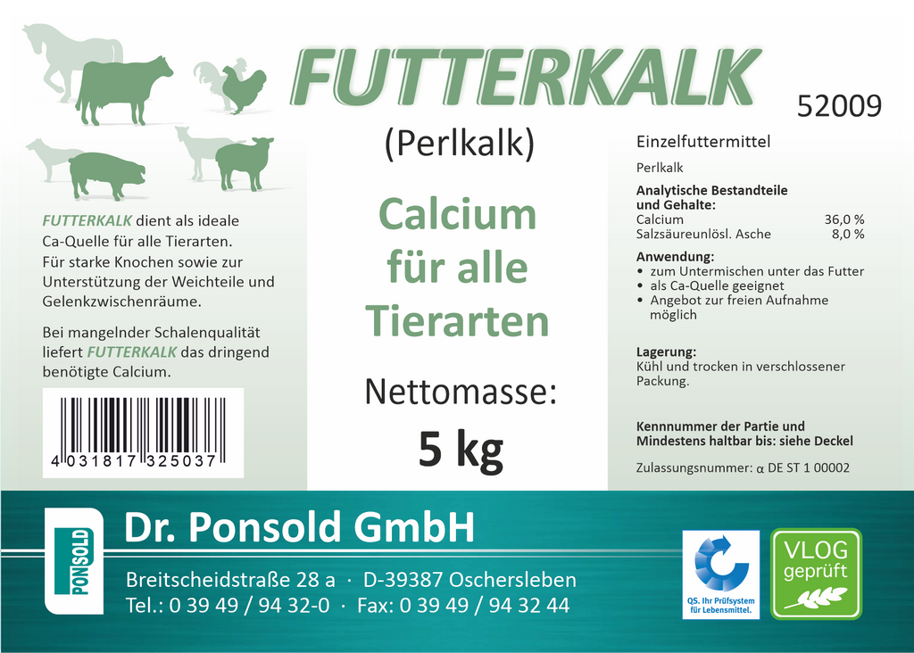 Futterkalk mit Calcium für alle Tierarten, unterstützt die Knochen- und Zahngesundheit durch einen hohen Calciumgehalt.
