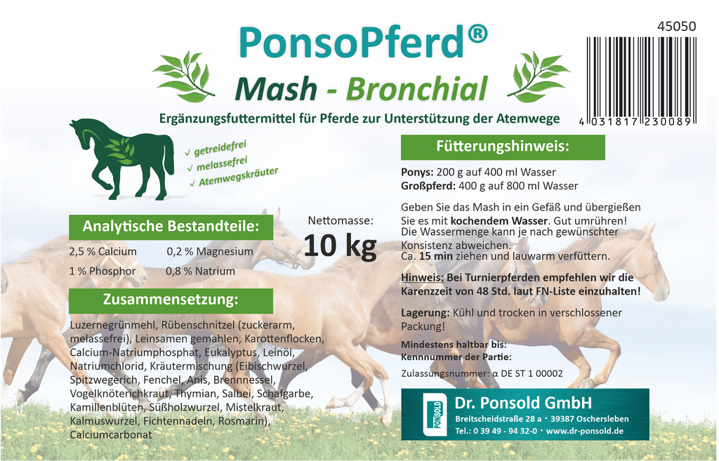 Mash Bronchial für Pferde, unterstützt die Atemwege mit speziell ausgewählten Kräutern und Inhaltsstoffen für eine bessere Atmung und Wohlbefinden.