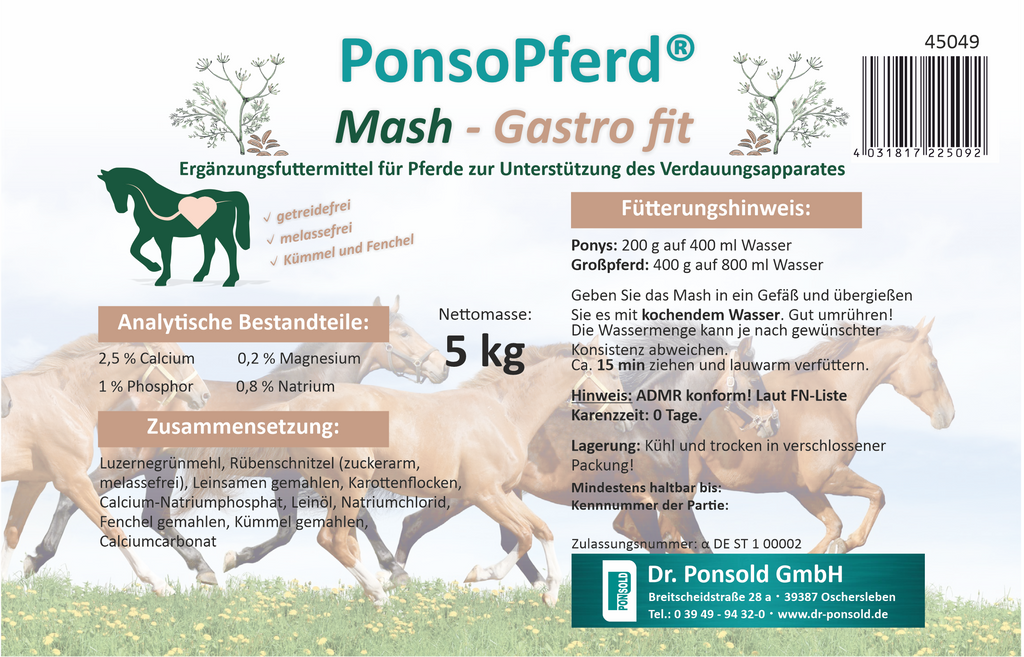 Pferde-Mash Sack von Dr. Ponsold zur Förderung der Verdauung und des Wohlbefindens, mit leicht verdaulichen Zutaten.