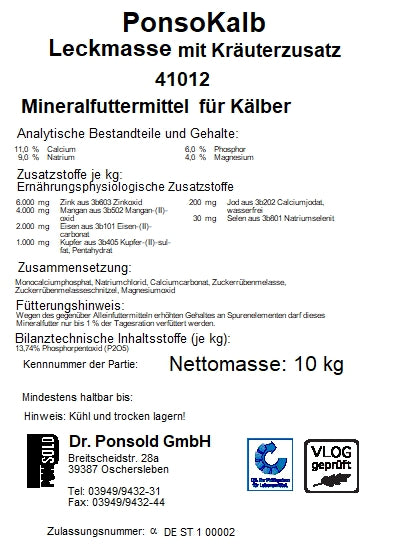 Ponsokalb Leckmasse mit Kräuterzusatz – Mineralfuttermittel für Kälber, unterstützt Wachstum und Vitalität.