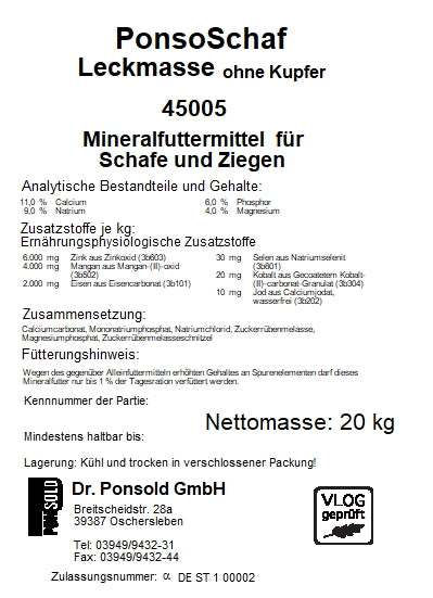 Ponsoschaf Leckmasse ohne Kupfer – Mineralfuttermittel für Schafe und Ziegen, fördert Gesundheit und Vitalität.