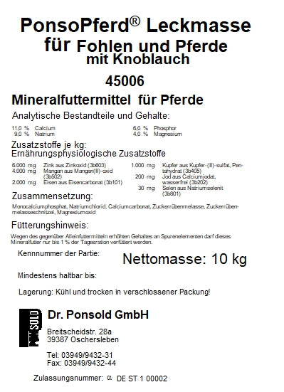 Ponsopferd Leckmasse mit Knoblauch – fördert Vitalität und Insektenabwehr für Fohlen und Pferde.