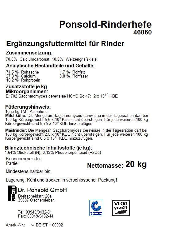 Zusammensetzungsblatt über das Produkt Ponsold- Rinderhefe Ergänzugsfuttermittel 