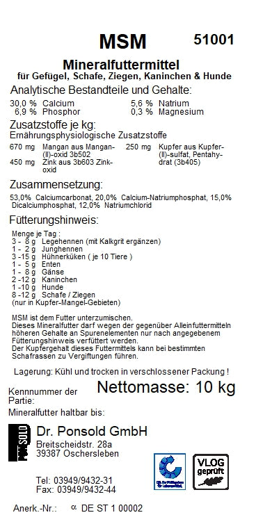 MSM Mineralfuttermittel Sack – unterstützt Gelenke, Fell und Gesundheit bei Geflügel, Schafen, Ziegen, Kaninchen und Hunden.