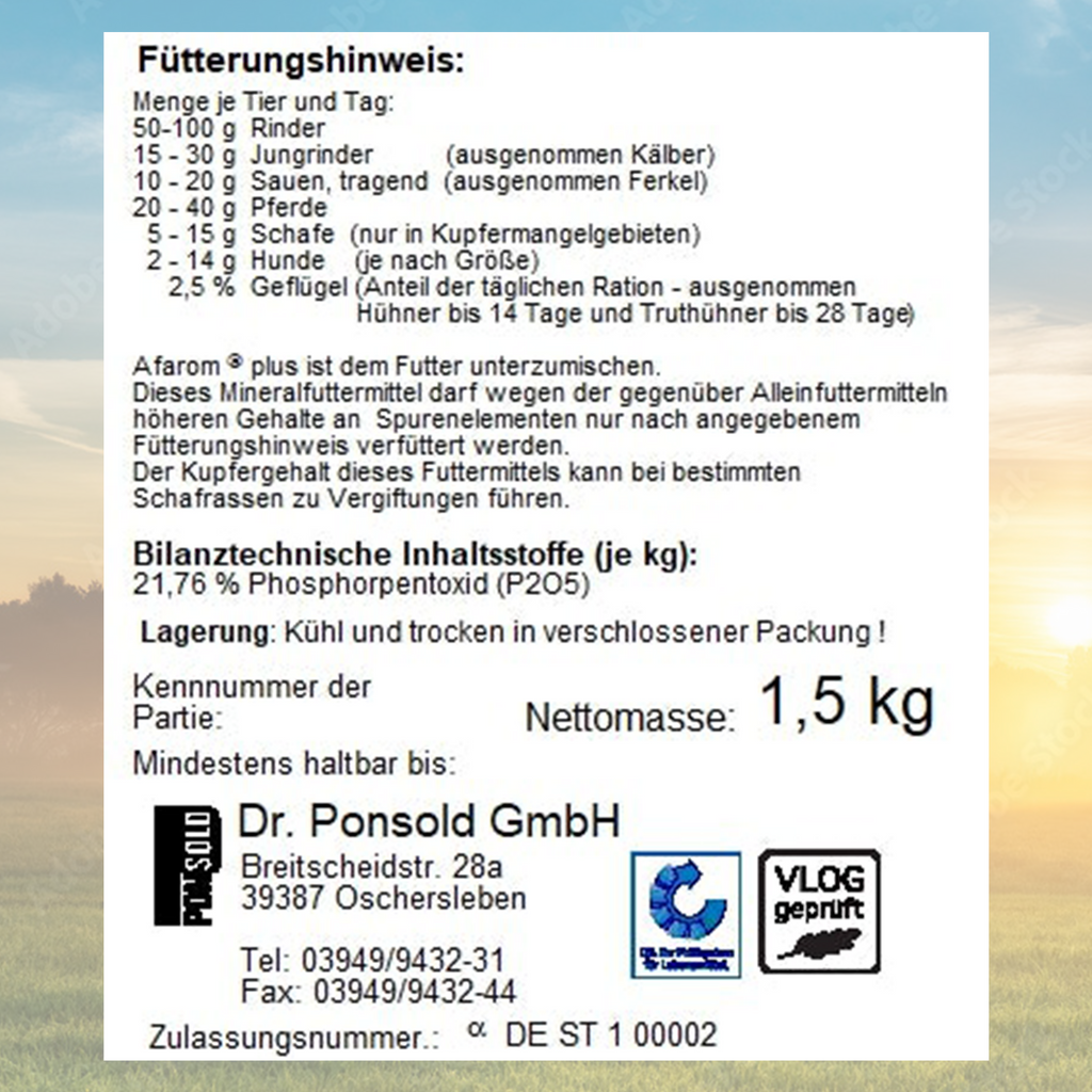 AFAROM plus – Mineralfuttermittel für alle Tierarten, unterstützt Gesundheit und Vitalität.