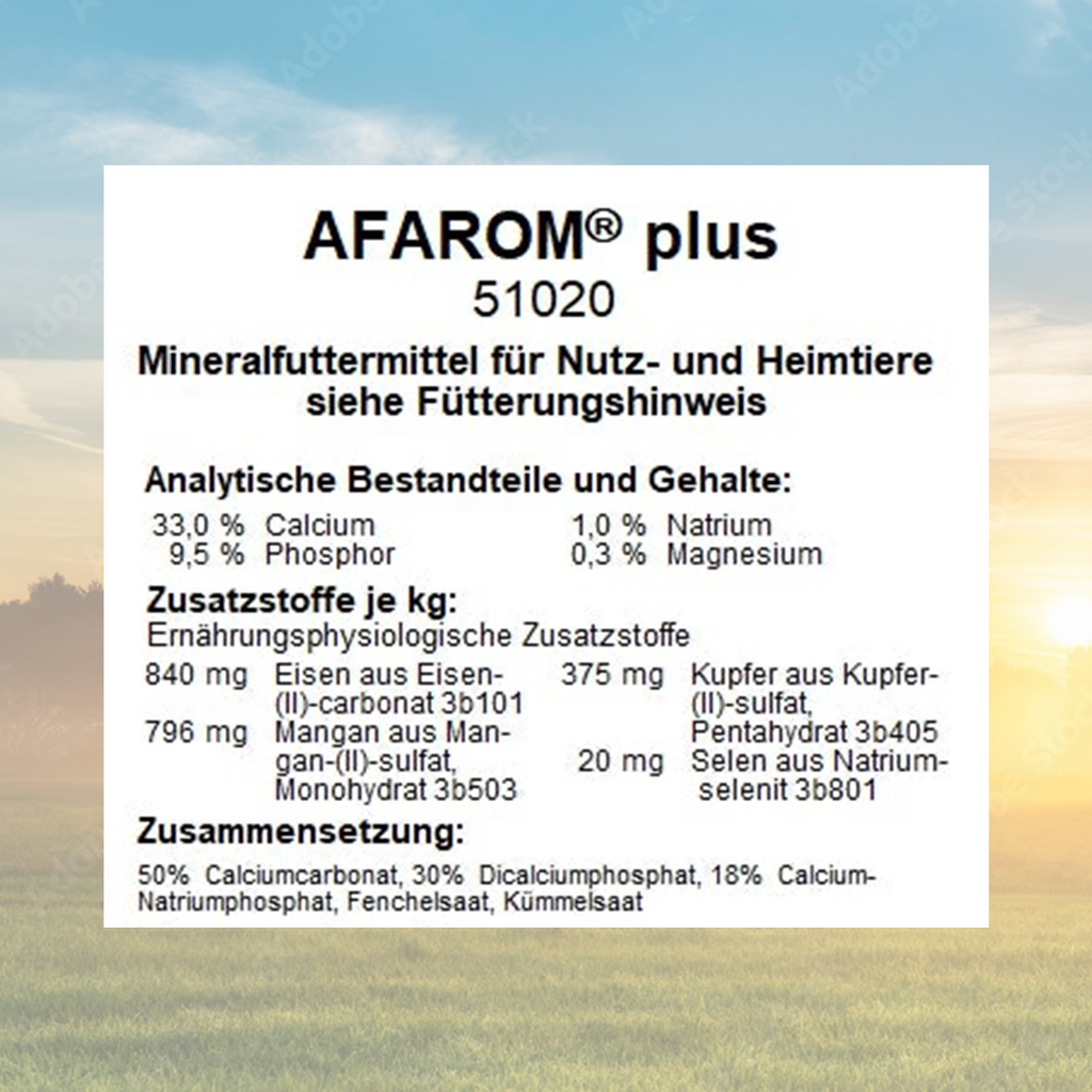 AFAROM plus Mineralfuttermittel für alle Tierarten, unterstützt Gesundheit und Vitalität.