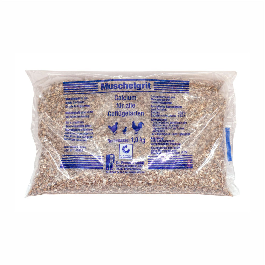 Muschelgrit Beutel Calcium – fördert die Eierschalenbildung und unterstützt die Gesundheit aller Geflügelarten.