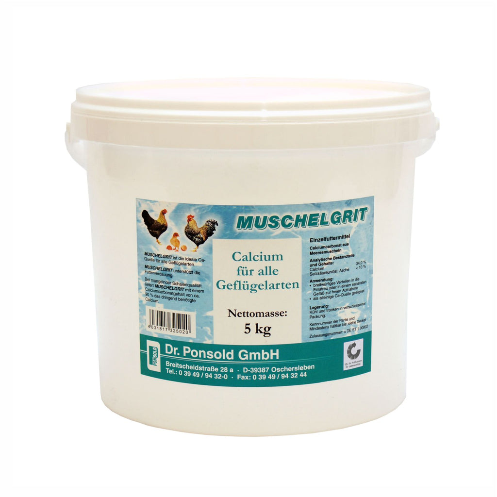 Muschelgrit Eimer Calcium – fördert die Eierschalenbildung und unterstützt die Gesundheit aller Geflügelarten.