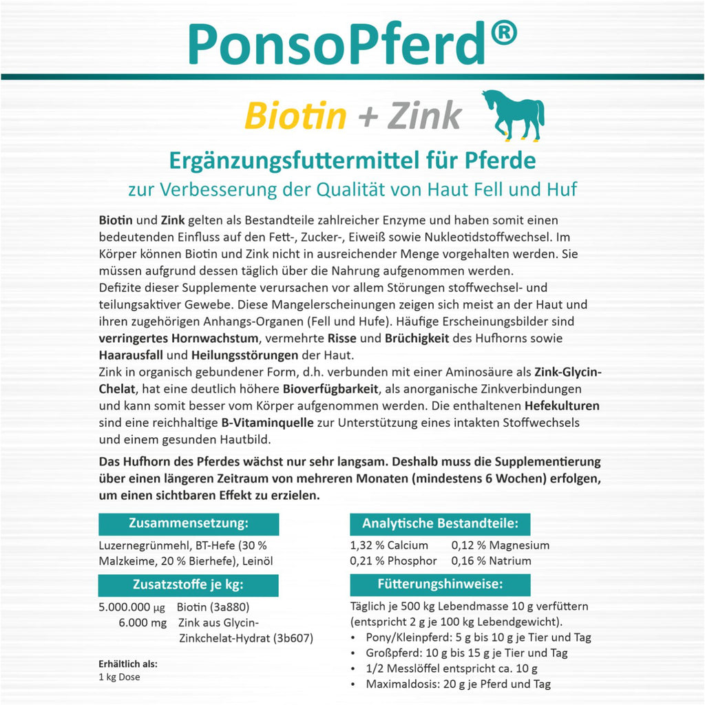 Biotin und Zink – Ergänzungsfuttermittel für Pferde, unterstützt Hufe, Fell und Gesundheit.