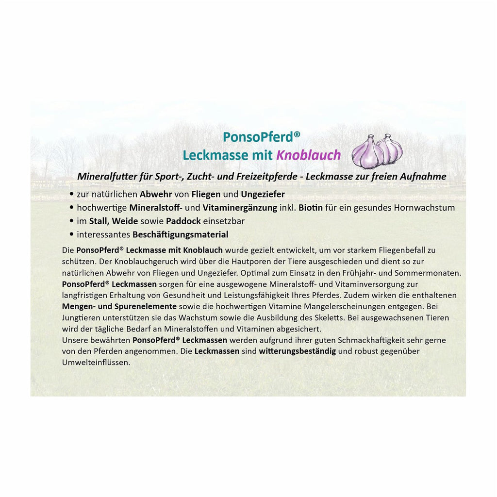 Ponsopferd mit Knoblauch – Leckmasse für Pferde, unterstützt Vitalität und Insektenabwehr.