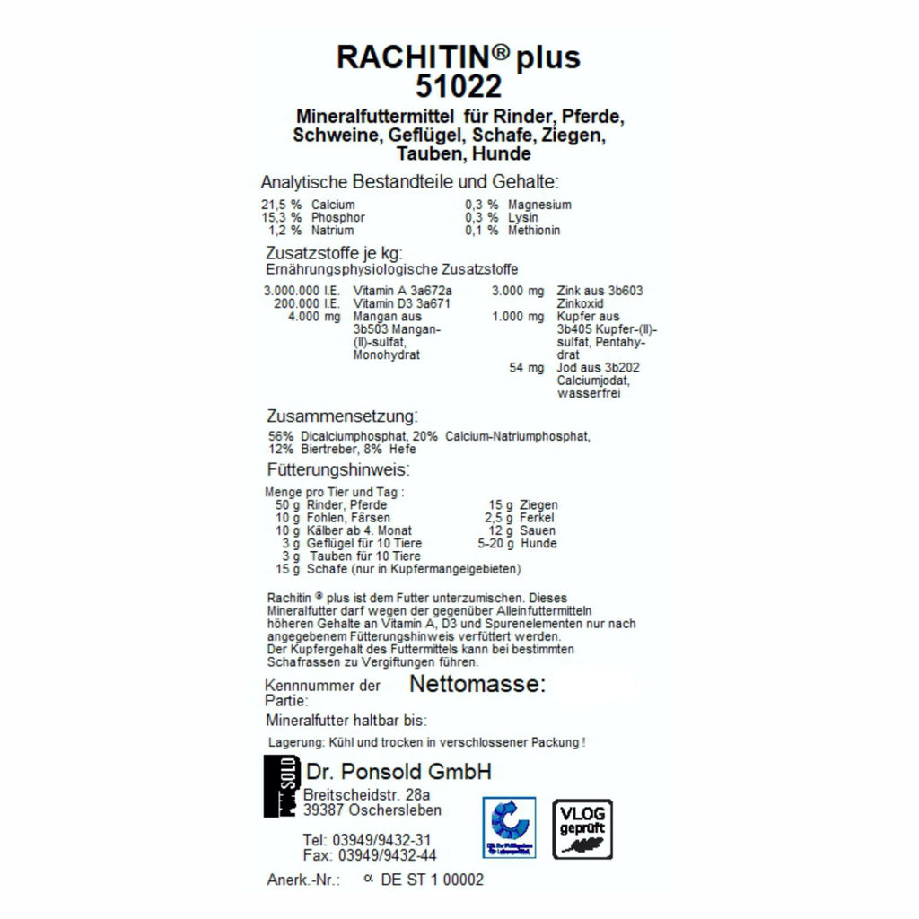 Rachitin plus – vielseitiges Mineralfutter für Rinder, Pferde, Schweine, Geflügel, Schafe, Ziegen, Tauben und Hunde.