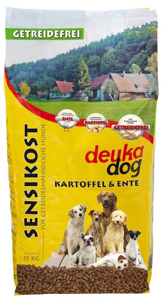 Deuka Dog Sensikost Kartoffel und Ente – getreidefreies Futter für getreideempfindliche Hunde, fördert Verdauung und Wohlbefinden.